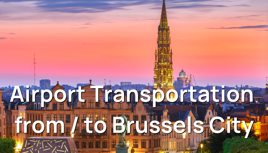 Sunset view of Brussels with the iconic Town Hall spire, representing Taxi Brussels Airport's transfer service from the airport to the city center.